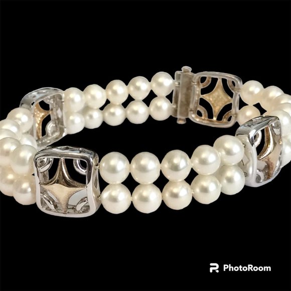 Vintage Sterling Silver White Pearl Bracelet Ross & Simons Estate Double Strand - Picture 2 of 16